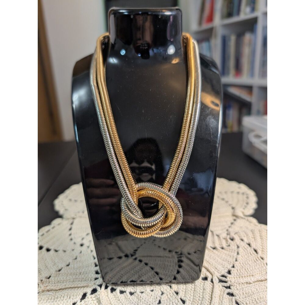 Chunky Mixed Metal Two Tone Snake Chain Knot Necklace - Gold Silver Statement
